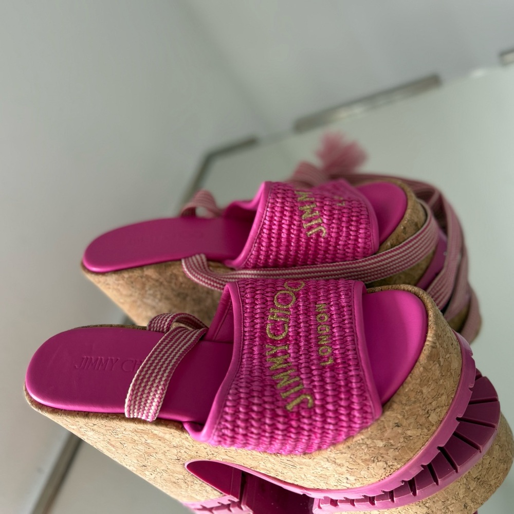 New Jimmy Choo Gal Raffia Cork Ankle-Tie Platform Sandals $750 38.5 - Picture 8 of 15
